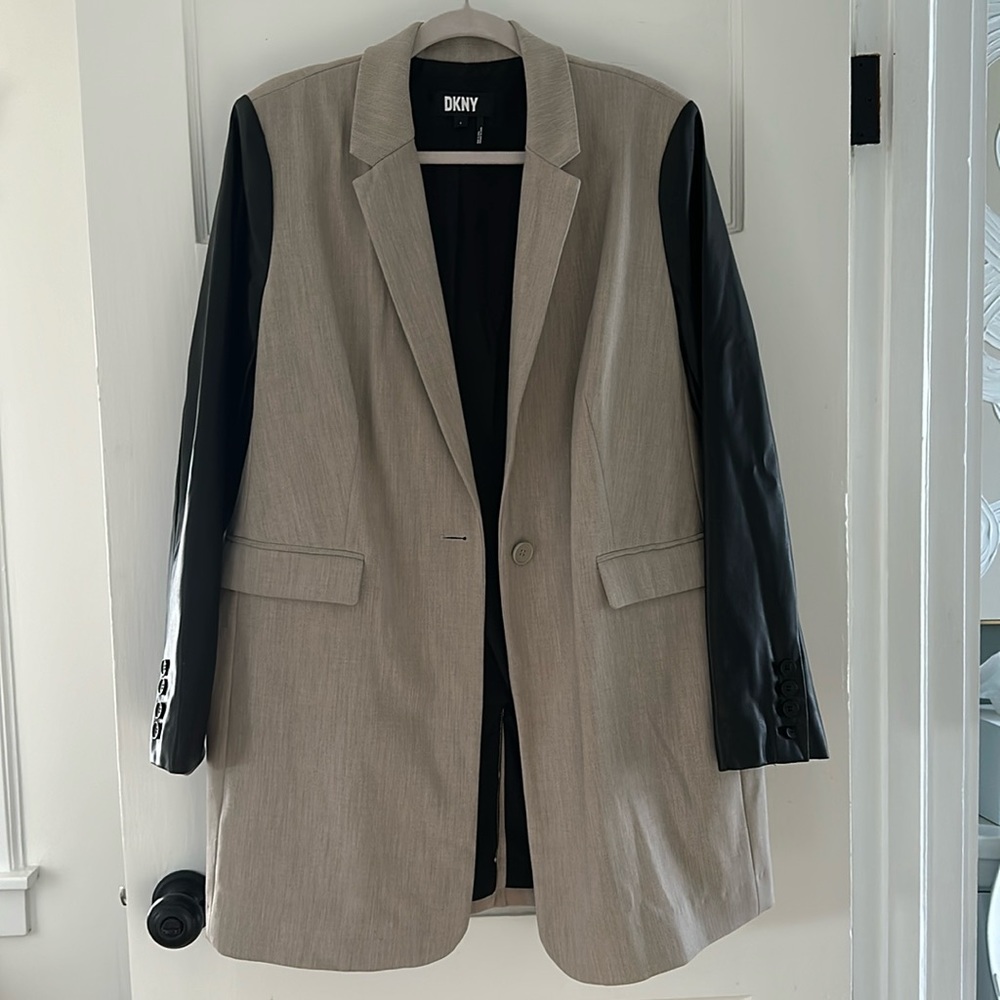 DKNY Mixed Materials Faux Leather Sleeve Blazer